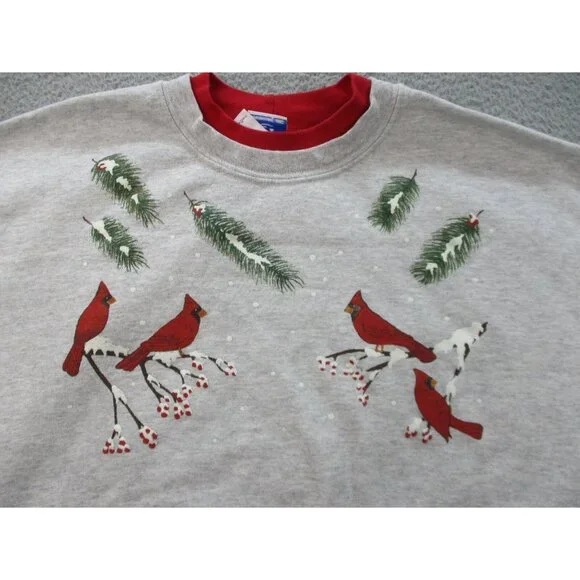 Christmas Sweatshirt Women's Large Cardinals Double Collar Granny Gray Red Birds - Picture 2 of 7
